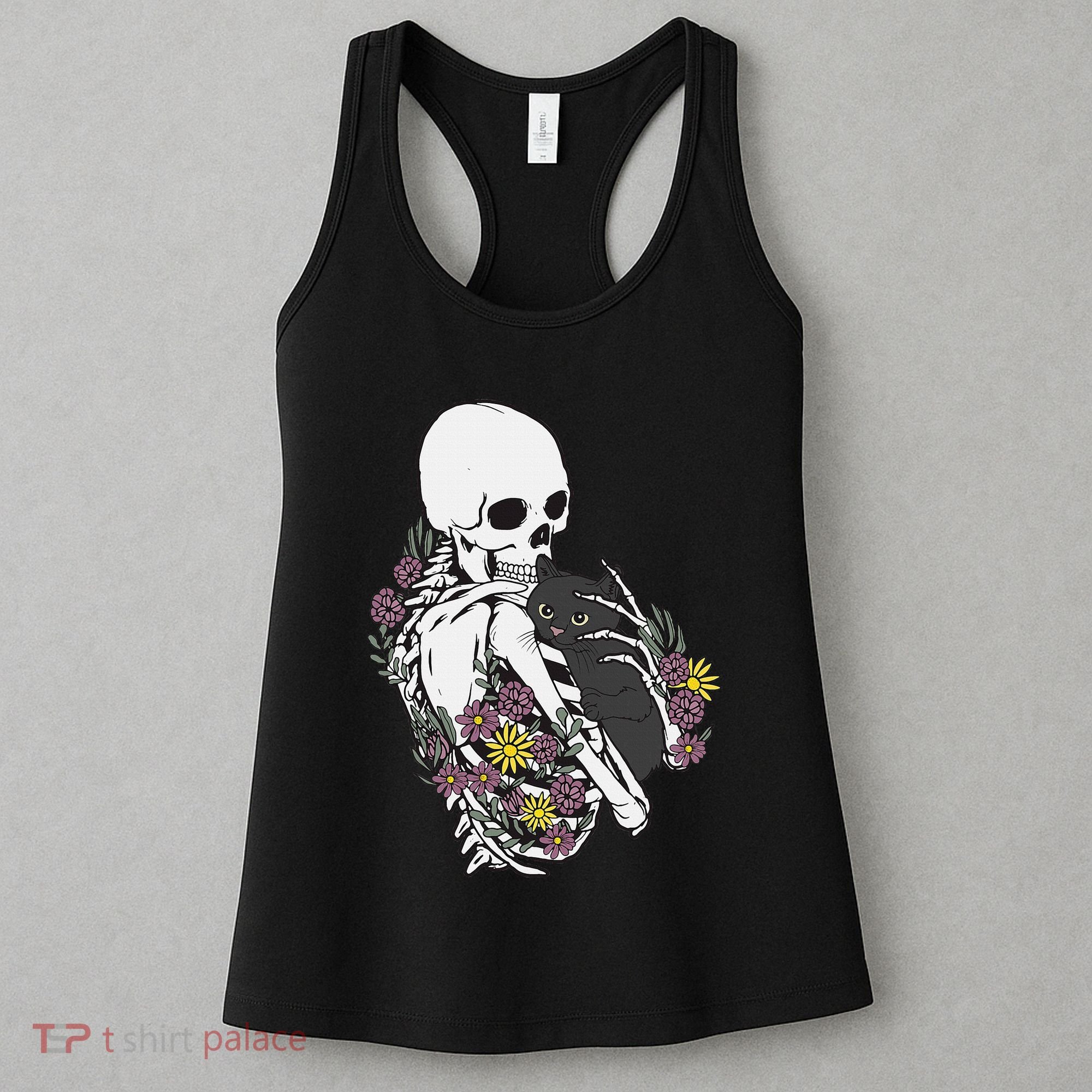 Skeleton Hugging Cat Flowers Skeleton Black Cat Women's Tank Top