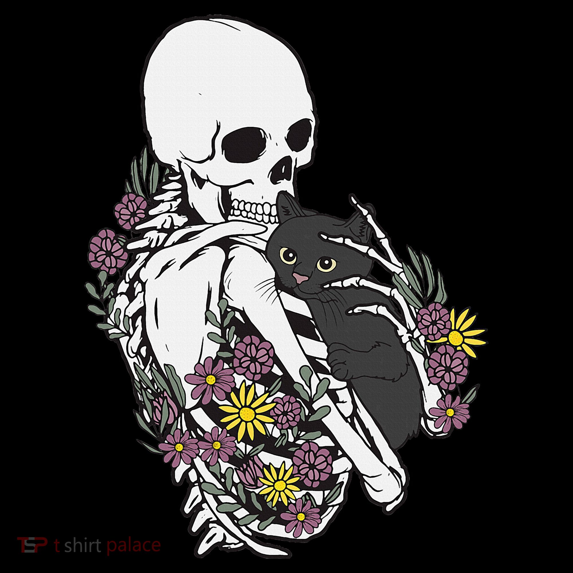 Skeleton Hugging Cat Flowers Skeleton Black Cat Women's Tank Top
