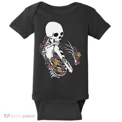 Skeleton Hugging Cat Flowers Skeleton Black Cat Baby Bodysuit