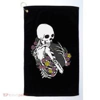 Skeleton Hugging Cat Flowers Skeleton Black Cat Golf Towel thumb 0