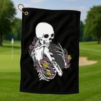 Skeleton Hugging Cat Flowers Skeleton Black Cat Golf Towel thumb 1