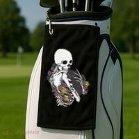 Skeleton Hugging Cat Flowers Skeleton Black Cat Golf Towel thumb 2