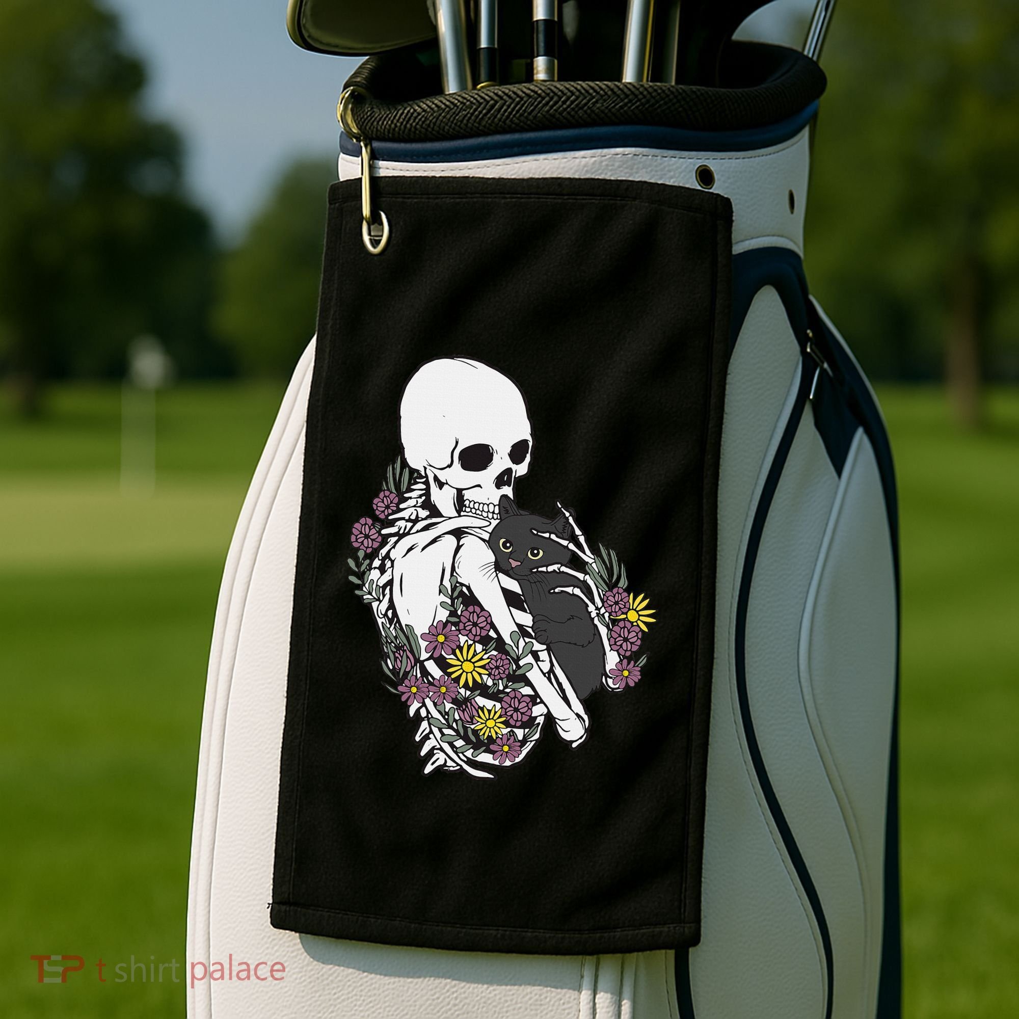 Skeleton Hugging Cat Flowers Skeleton Black Cat Golf Towel