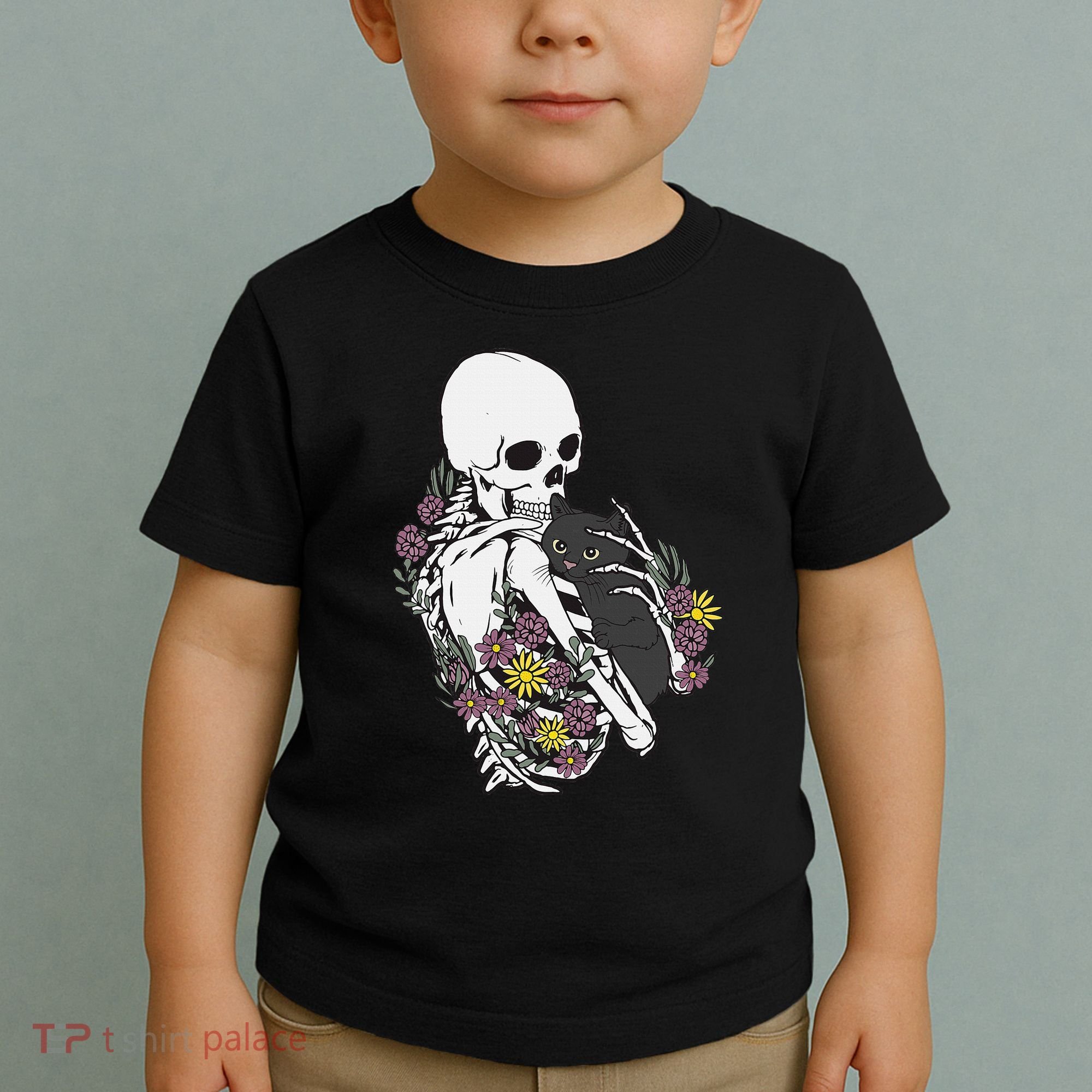 Skeleton Hugging Cat Flowers Skeleton Black Cat Toddler T-Shirt