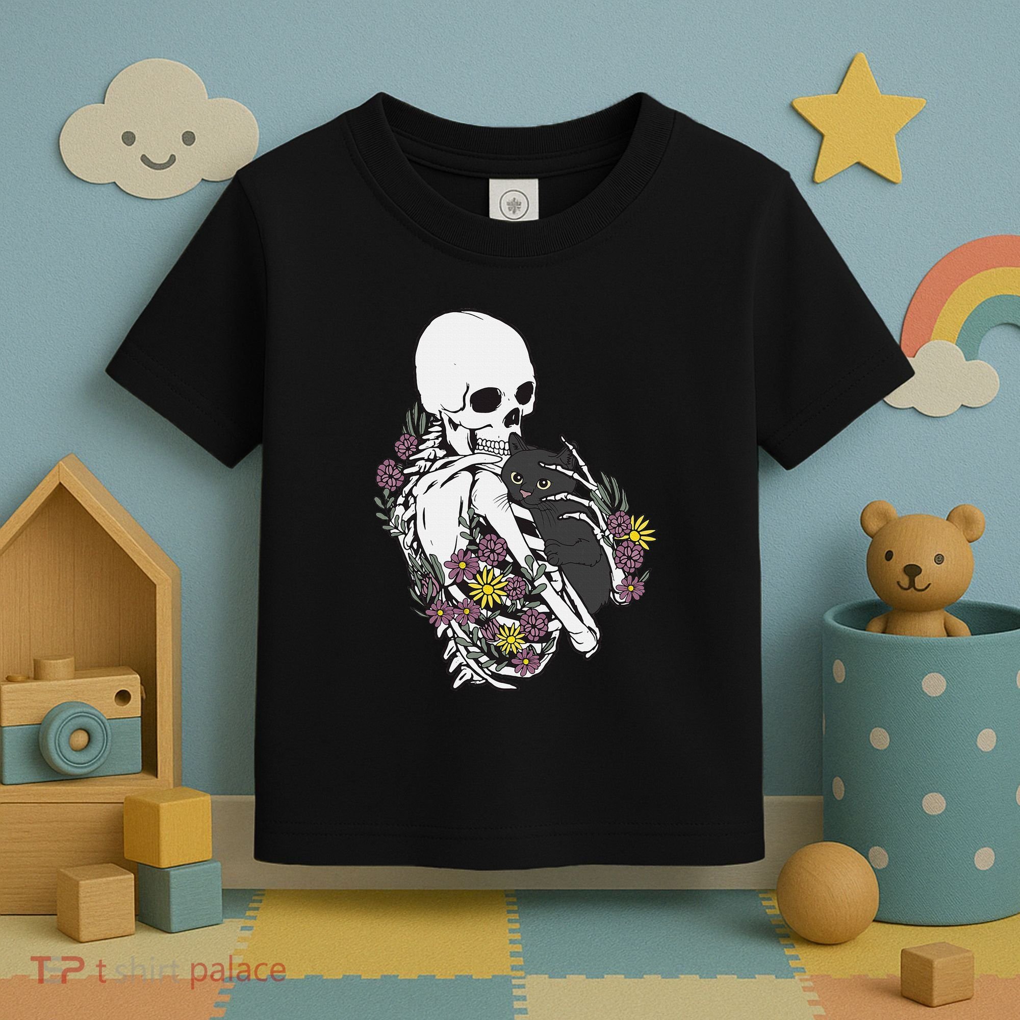 Skeleton Hugging Cat Flowers Skeleton Black Cat Toddler T-Shirt