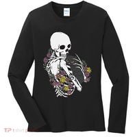 Skeleton Hugging Cat Flowers Skeleton Black Cat Women's Long Sleeve Shirt thumb 0