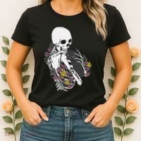 Skeleton Hugging Cat Flowers Skeleton Black Cat Women's T-Shirt thumb 2