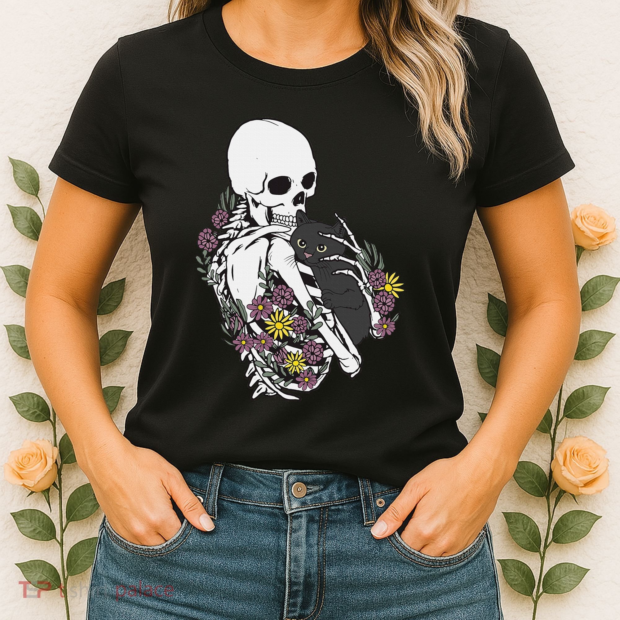Skeleton Hugging Cat Flowers Skeleton Black Cat Women's T-Shirt