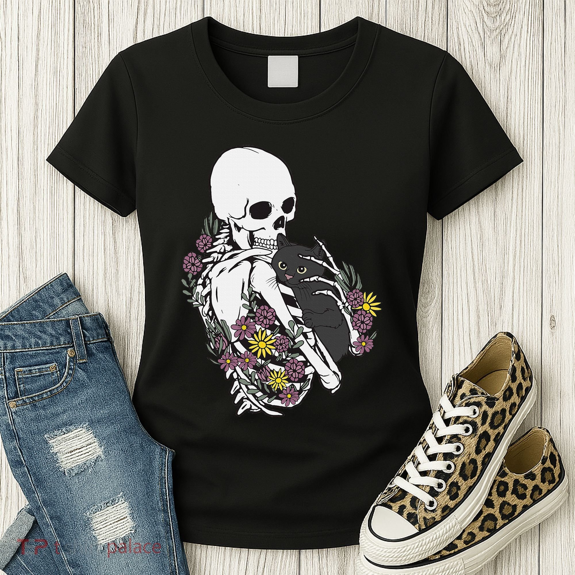 Skeleton Hugging Cat Flowers Skeleton Black Cat Women's T-Shirt