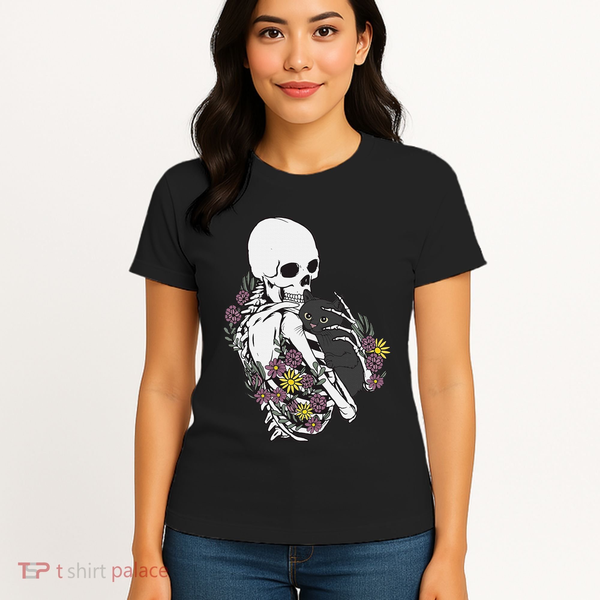 Skeleton Hugging Cat Flowers Skeleton Black Cat Women's T-Shirt
