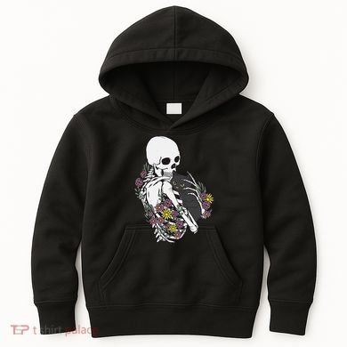 Skeleton Hugging Cat Flowers Skeleton Black Cat Kids Hoodie