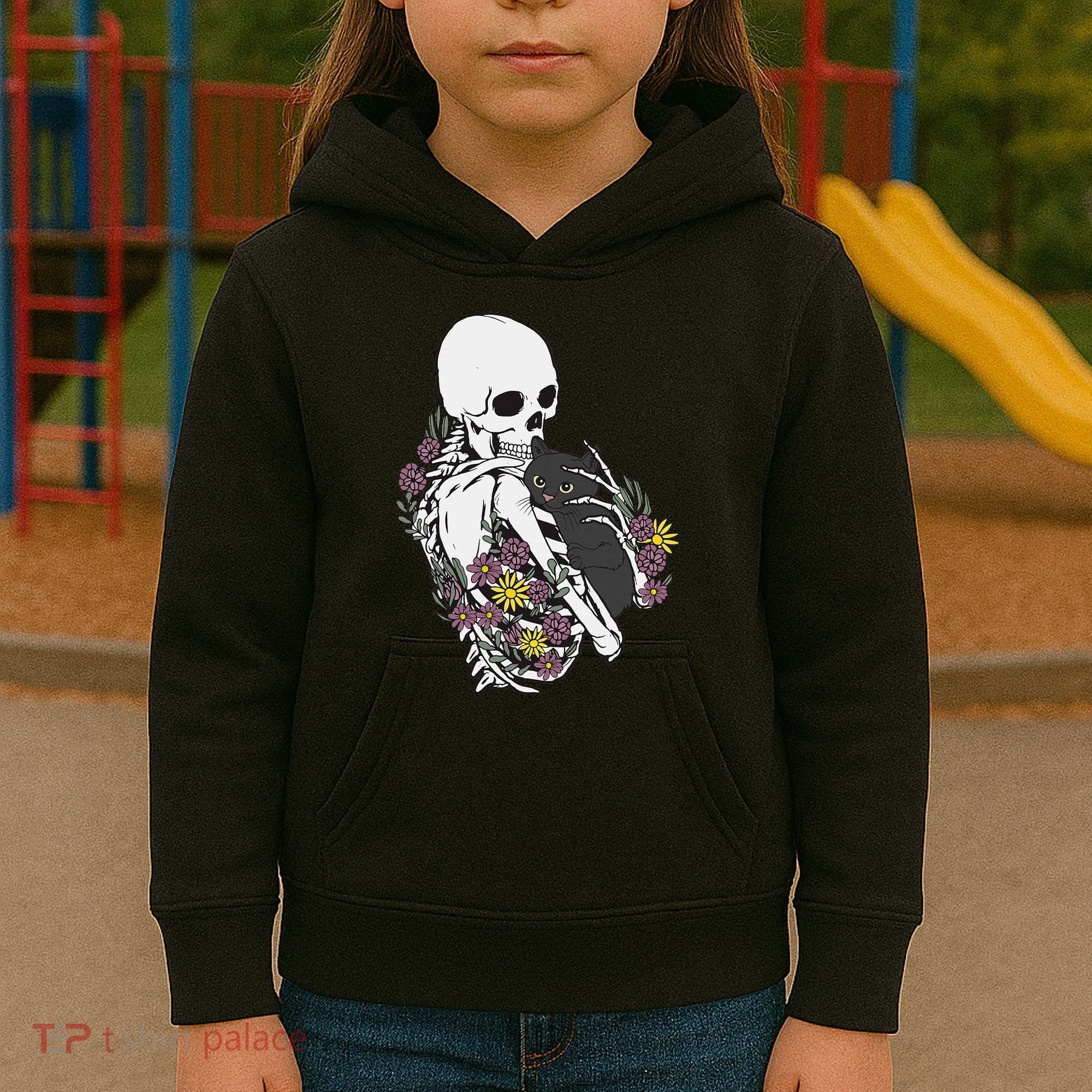 Skeleton Hugging Cat Flowers Skeleton Black Cat Kids Hoodie