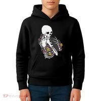 Skeleton Hugging Cat Flowers Skeleton Black Cat Kids Hoodie thumb 4