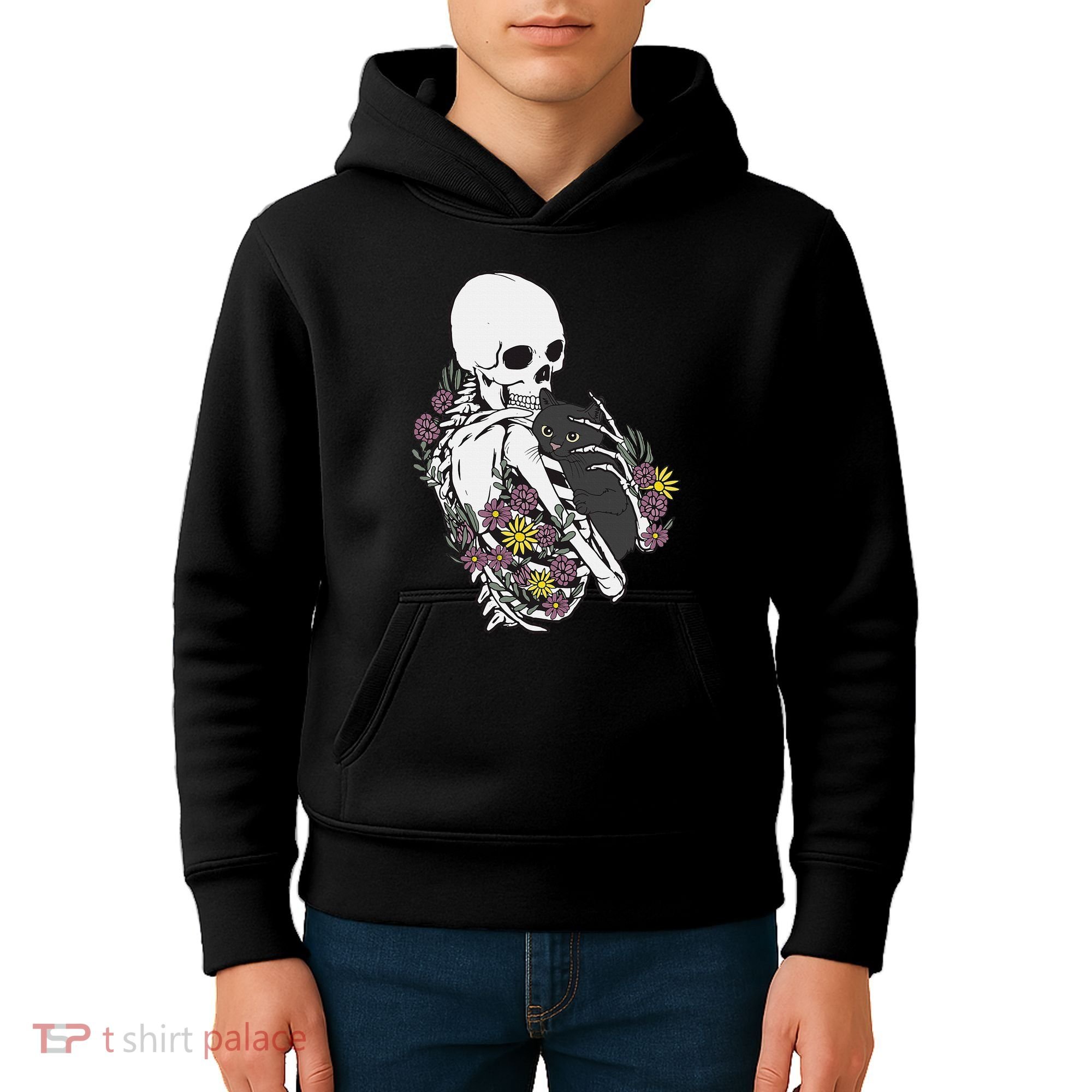 Skeleton Hugging Cat Flowers Skeleton Black Cat Kids Hoodie