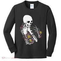 Skeleton Hugging Cat Flowers Skeleton Black Cat Kids Long Sleeve Shirt thumb 0