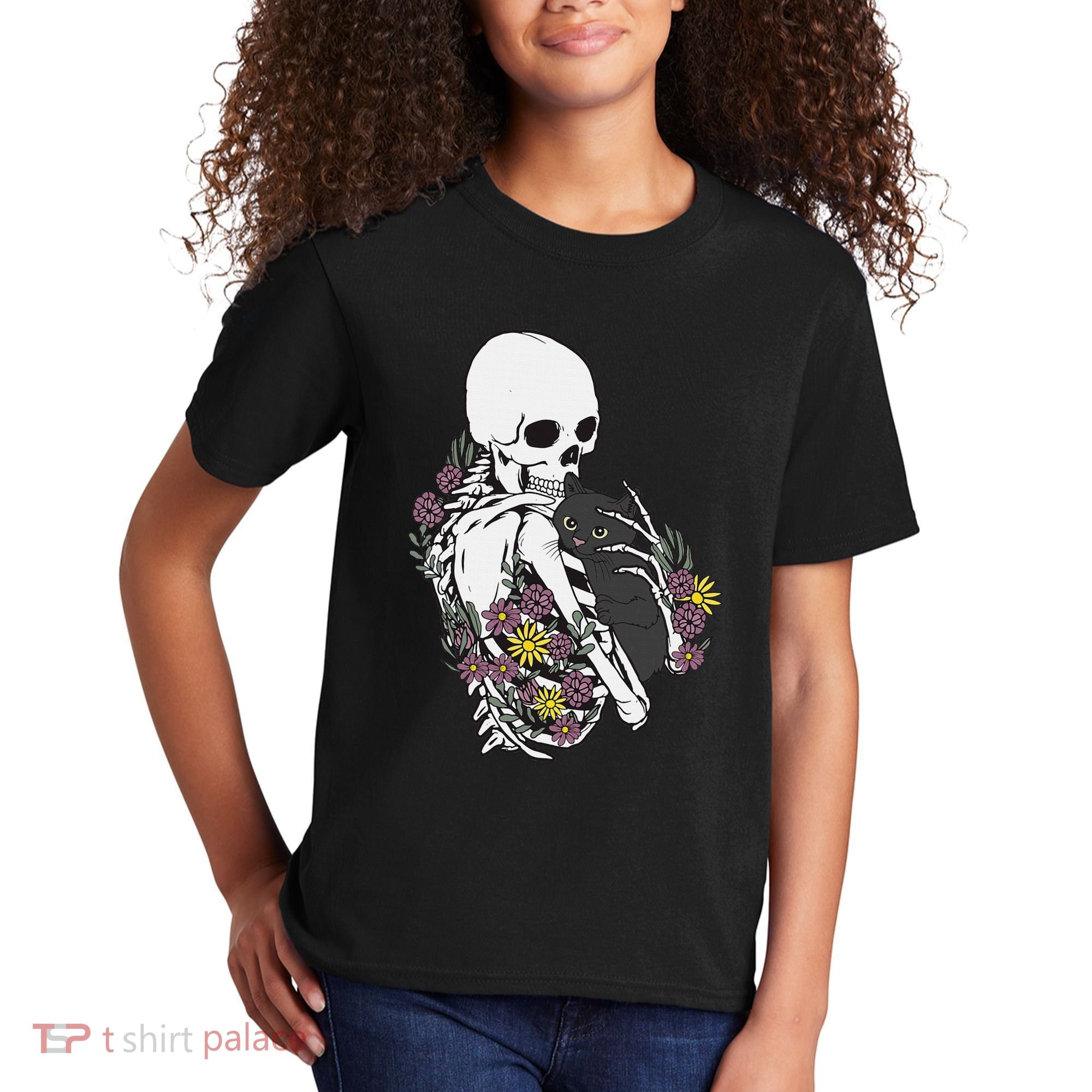 Skeleton Hugging Cat Flowers Skeleton Black Cat Kids T-Shirt