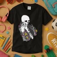 Skeleton Hugging Cat Flowers Skeleton Black Cat Kids T-Shirt thumb 3