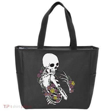 Skeleton Hugging Cat Flowers Skeleton Black Cat Tote Bag