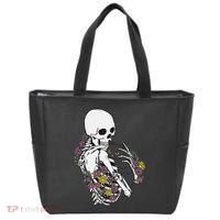 Skeleton Hugging Cat Flowers Skeleton Black Cat Tote Bag thumb 0