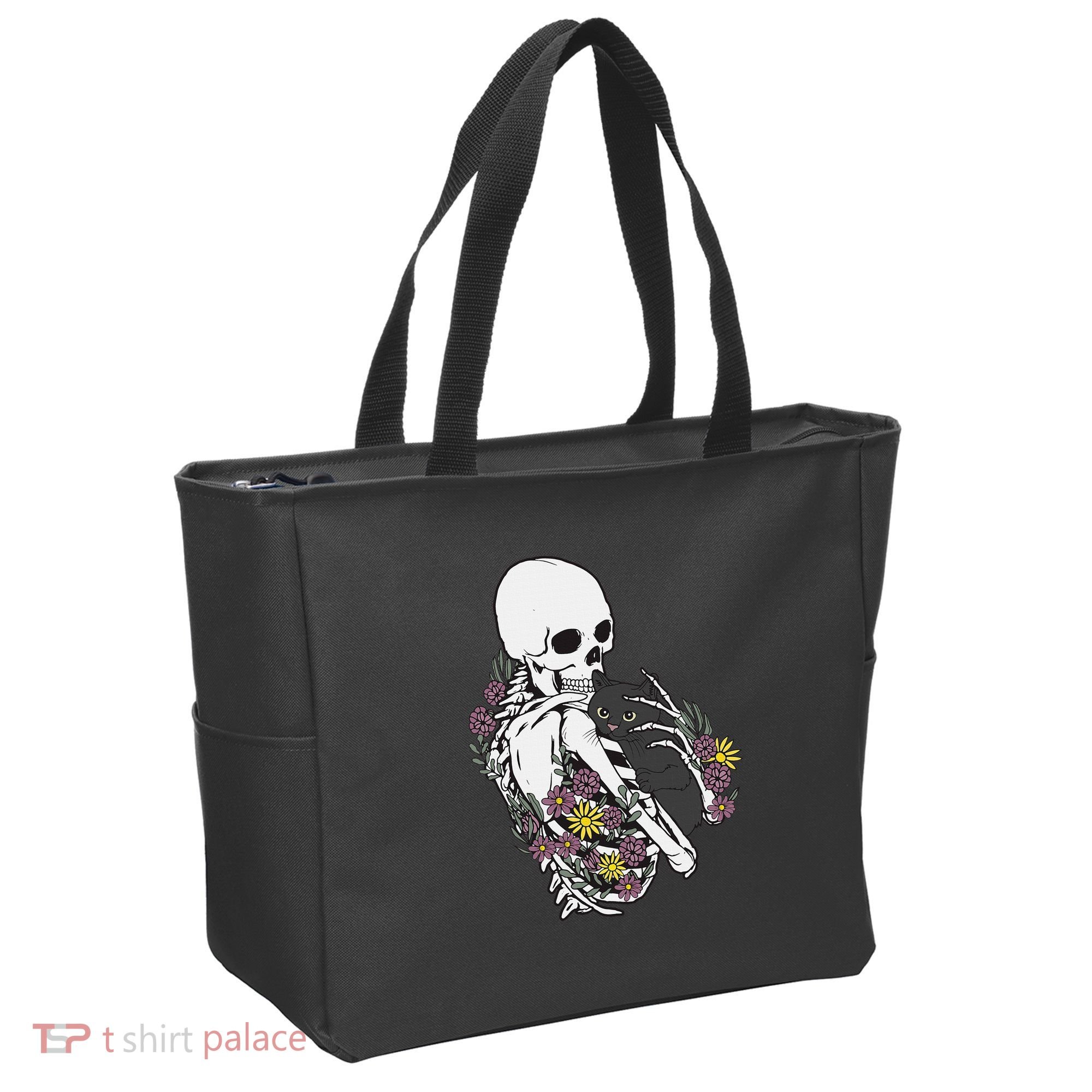Skeleton Hugging Cat Flowers Skeleton Black Cat Tote Bag