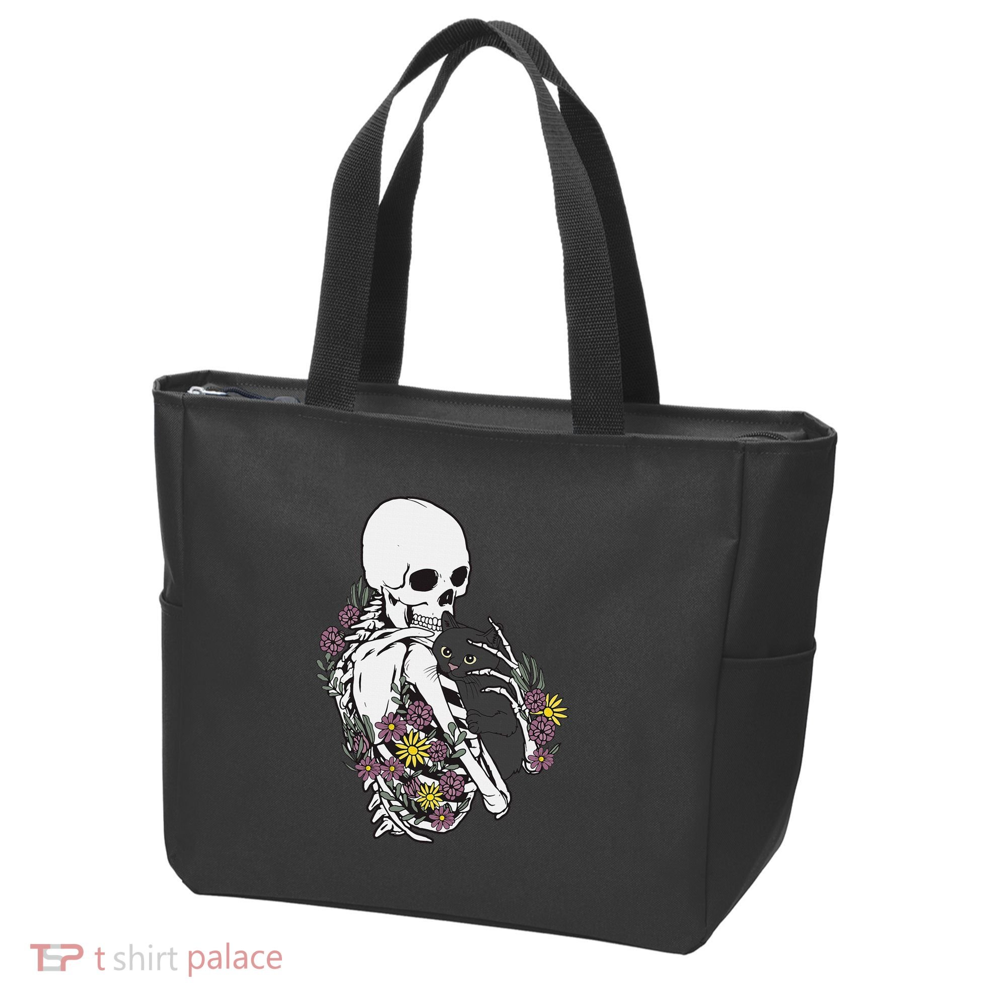 Skeleton Hugging Cat Flowers Skeleton Black Cat Tote Bag
