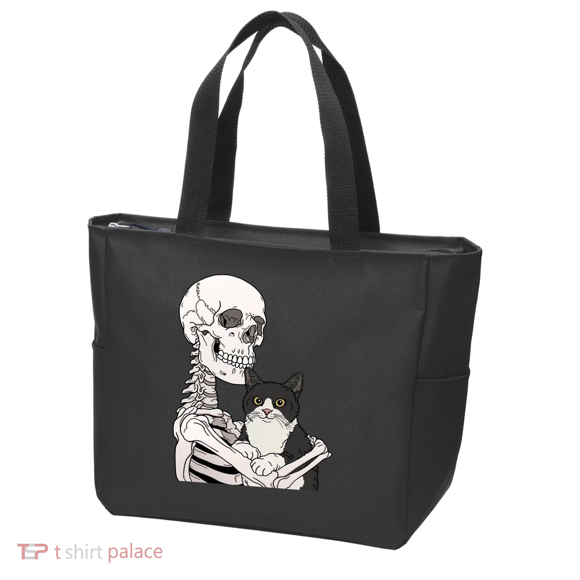 Skeleton Holding Cat Tote Bag