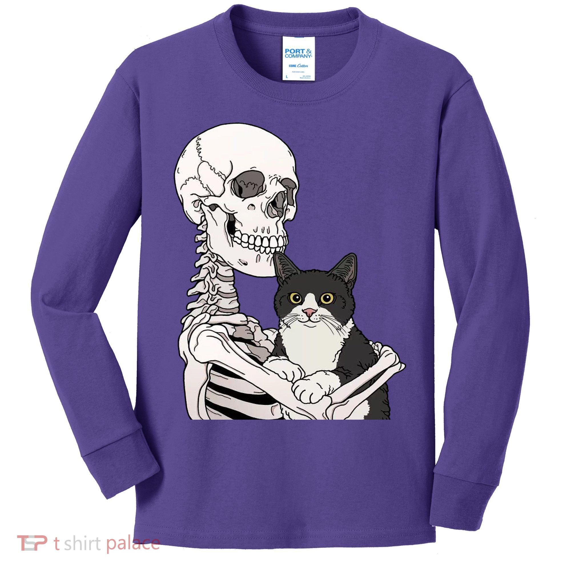 Skeleton Holding Cat Kids Long Sleeve Shirt