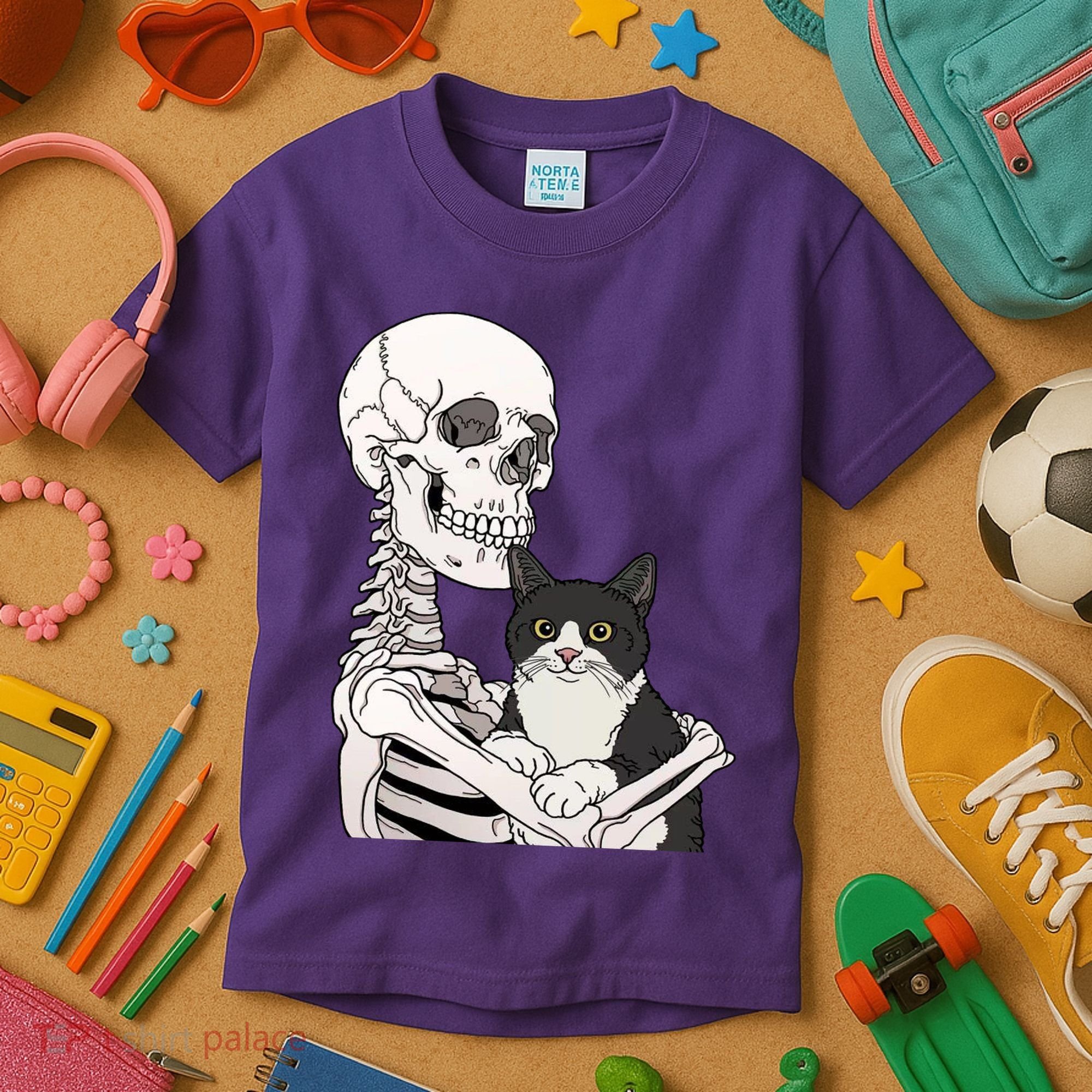 Skeleton Holding Cat Kids T-Shirt