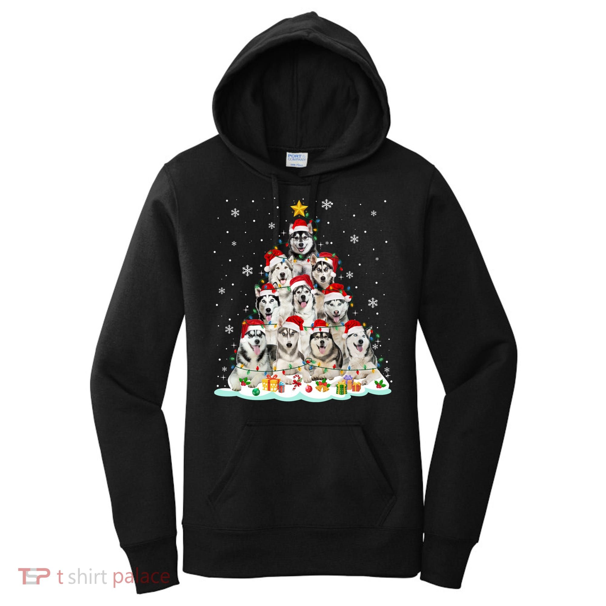 Siberian Husky Christmas Tree Dog Lights Pajamas Xmas Cool Gift Women's Hoodie