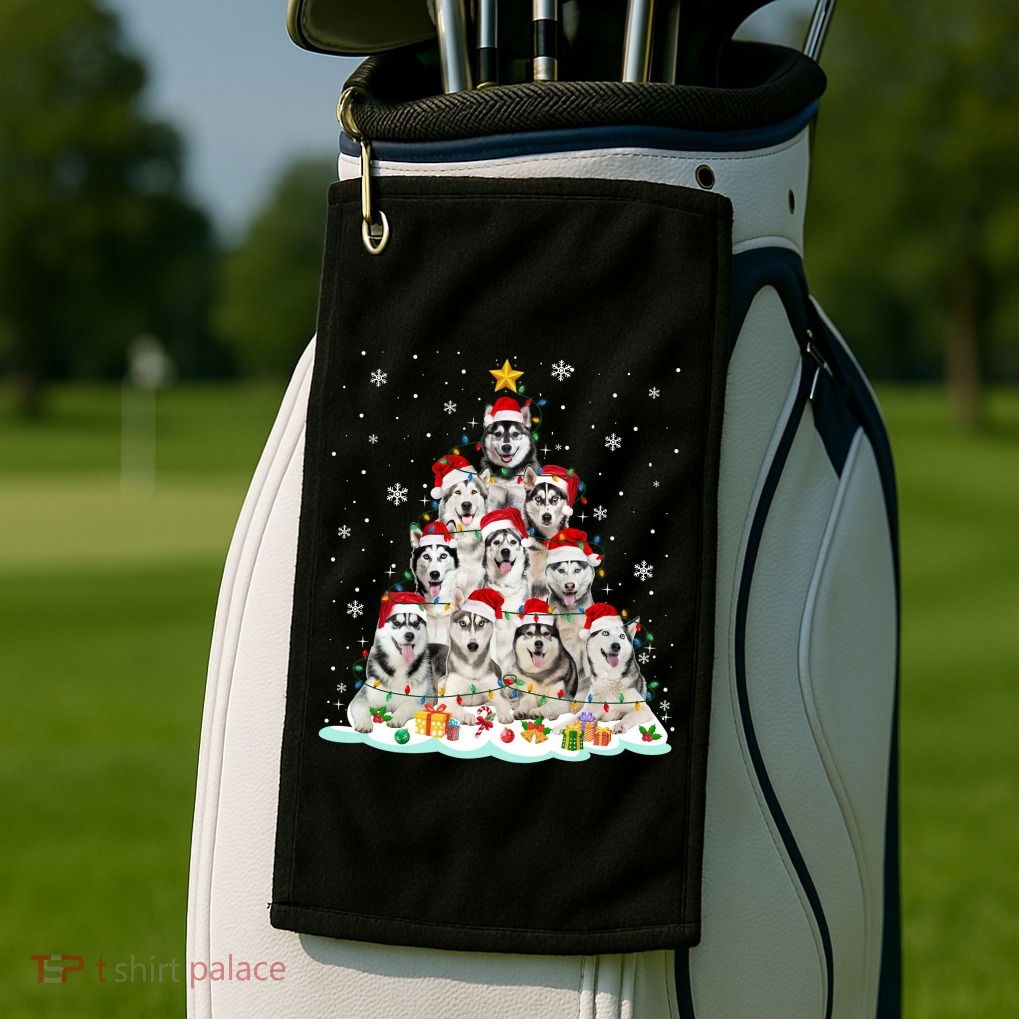 Siberian Husky Christmas Tree Dog Lights Pajamas Xmas Cool Gift Golf Towel