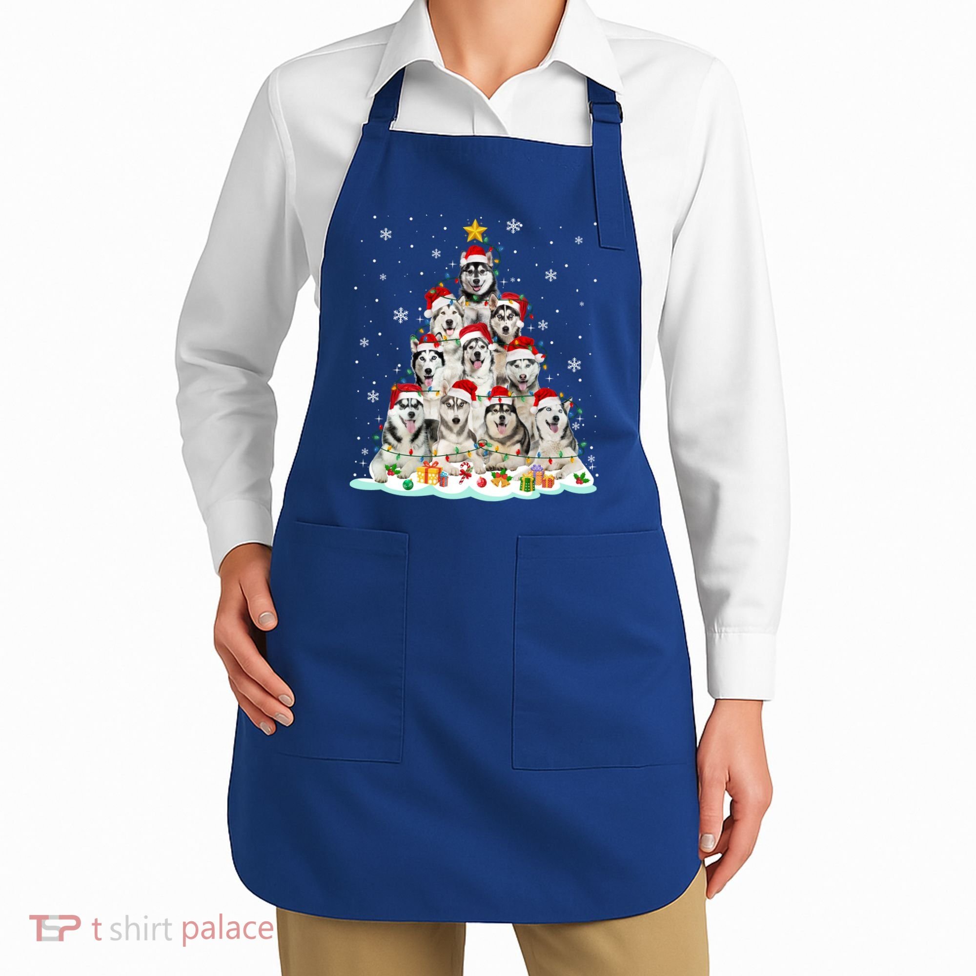 Siberian Husky Christmas Tree Dog Lights Pajamas Xmas Cool Gift Apron