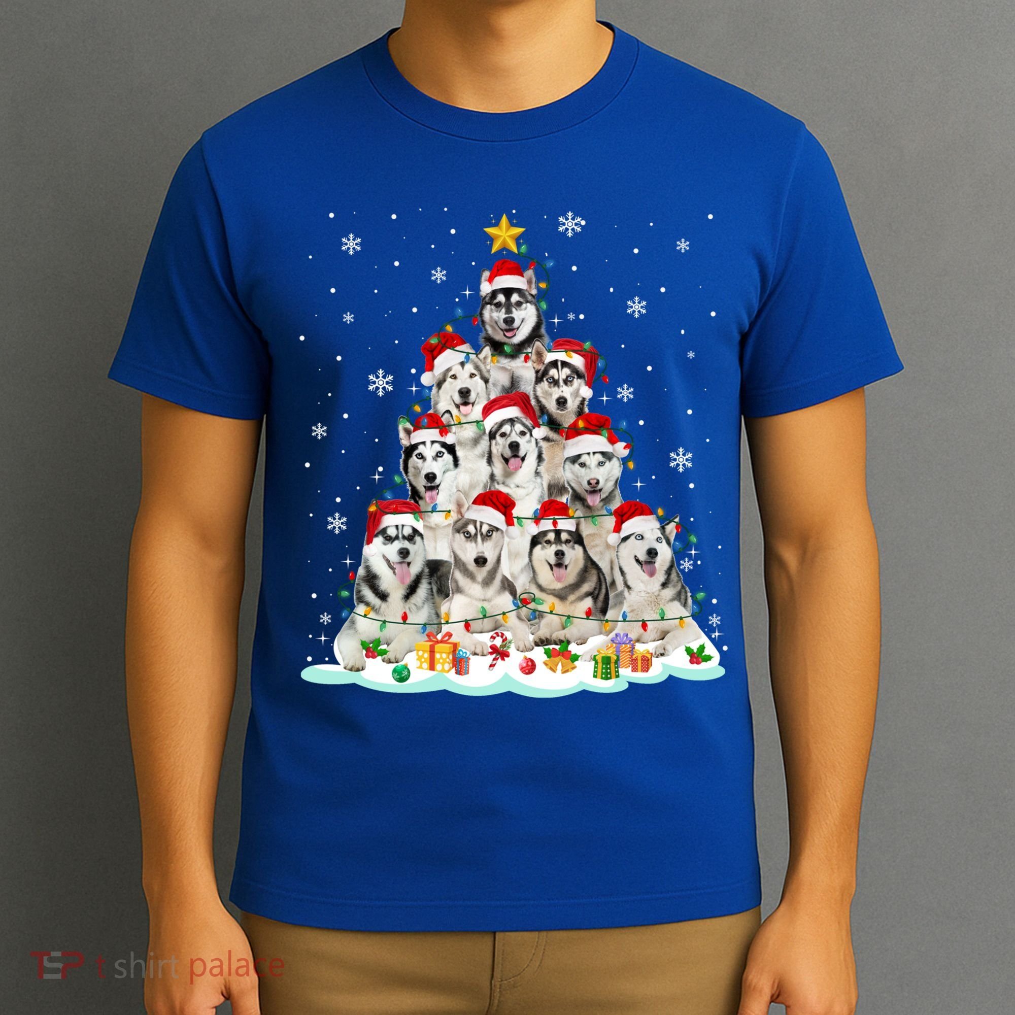 Siberian Husky Christmas Tree Dog Lights Pajamas Xmas Cool Gift T-Shirt