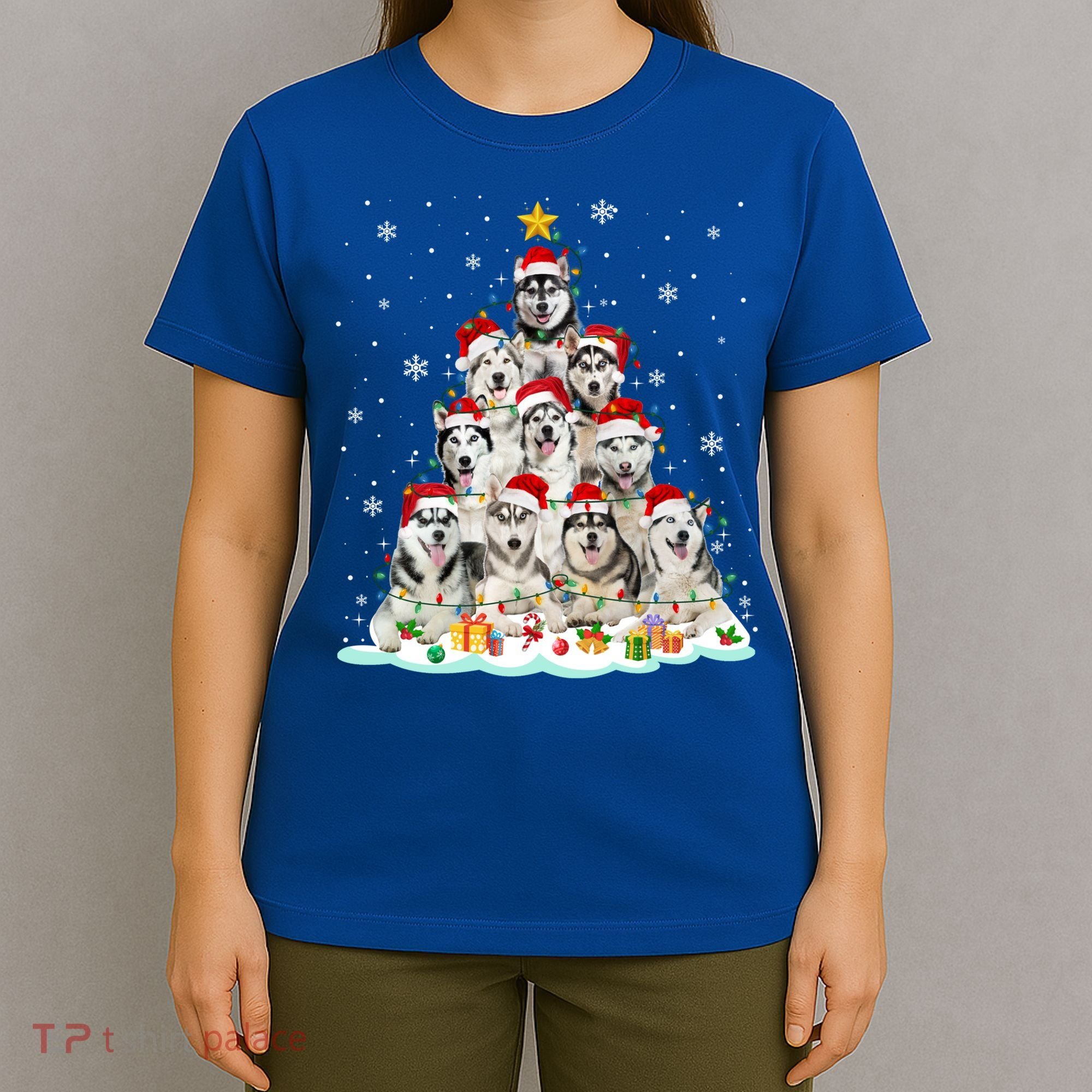 Siberian Husky Christmas Tree Dog Lights Pajamas Xmas Cool Gift T-Shirt