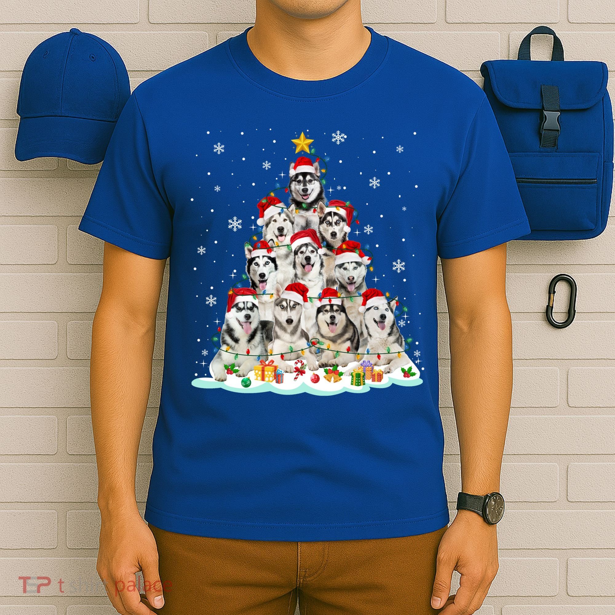 Siberian Husky Christmas Tree Dog Lights Pajamas Xmas Cool Gift T-Shirt