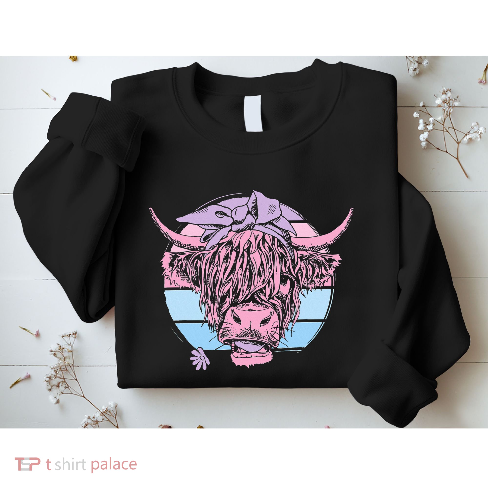 Scottish Highland Cow Cattle Hairy Cow Flowers Woman Sweatshirt