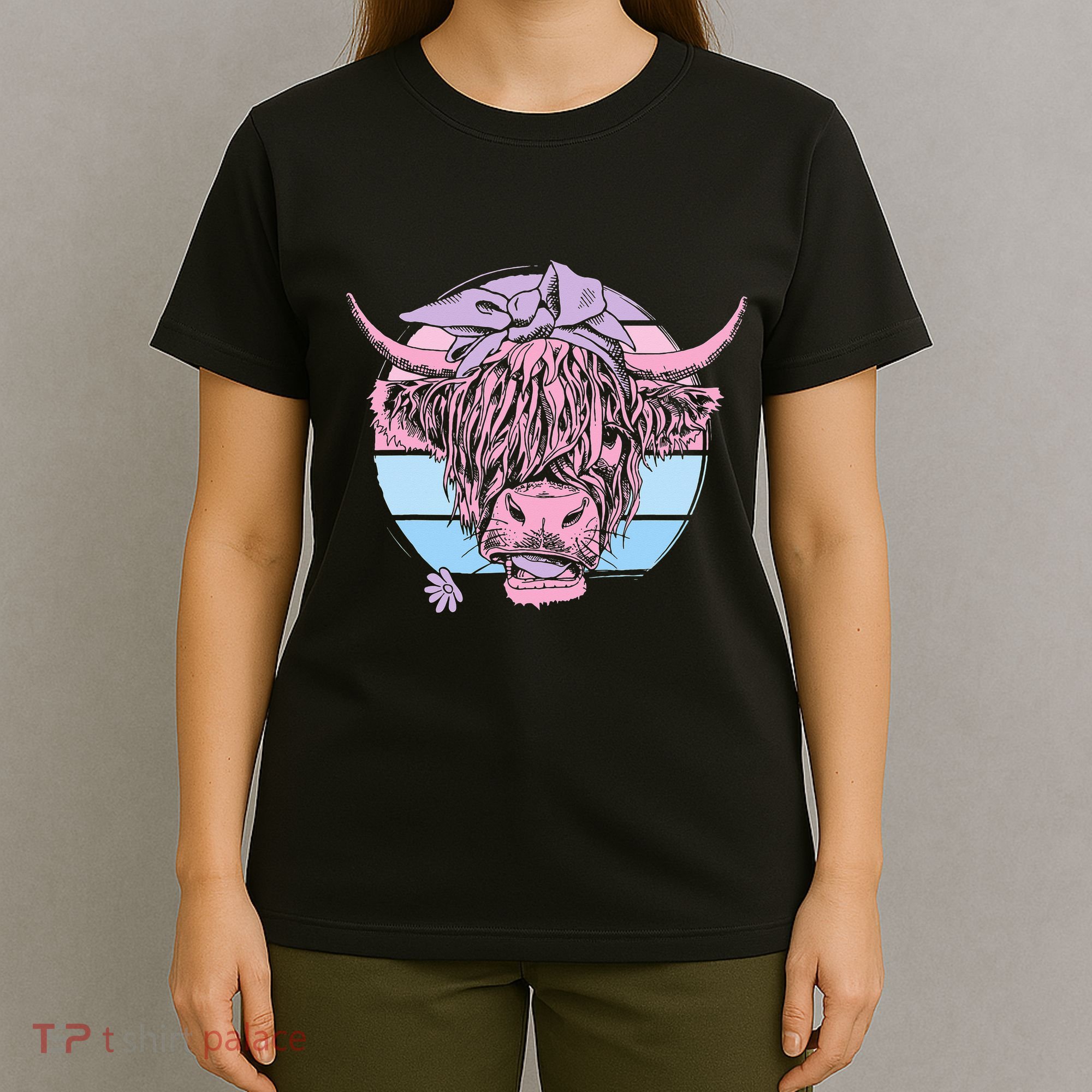 Scottish Highland Cow Cattle Hairy Cow Flowers Woman T-Shirt