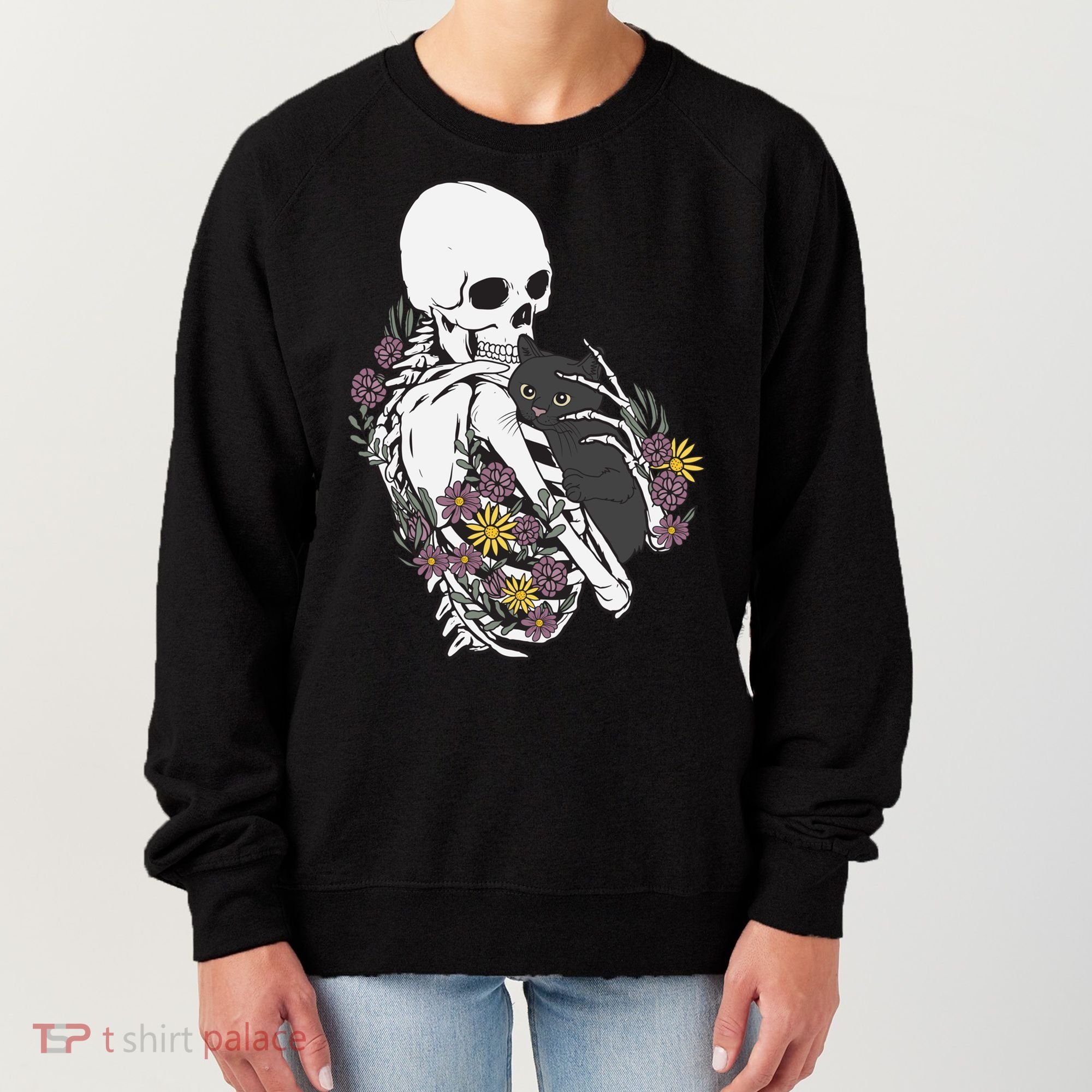 Skeleton Hugging Cat Flowers Skeleton Black Cat Funny Gift Women's Sweatshirt