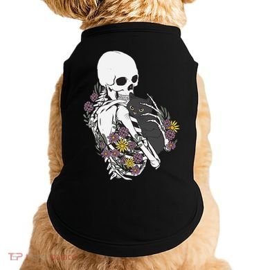 Skeleton Hugging Cat Flowers Skeleton Black Cat Funny Gift Doggie Tank