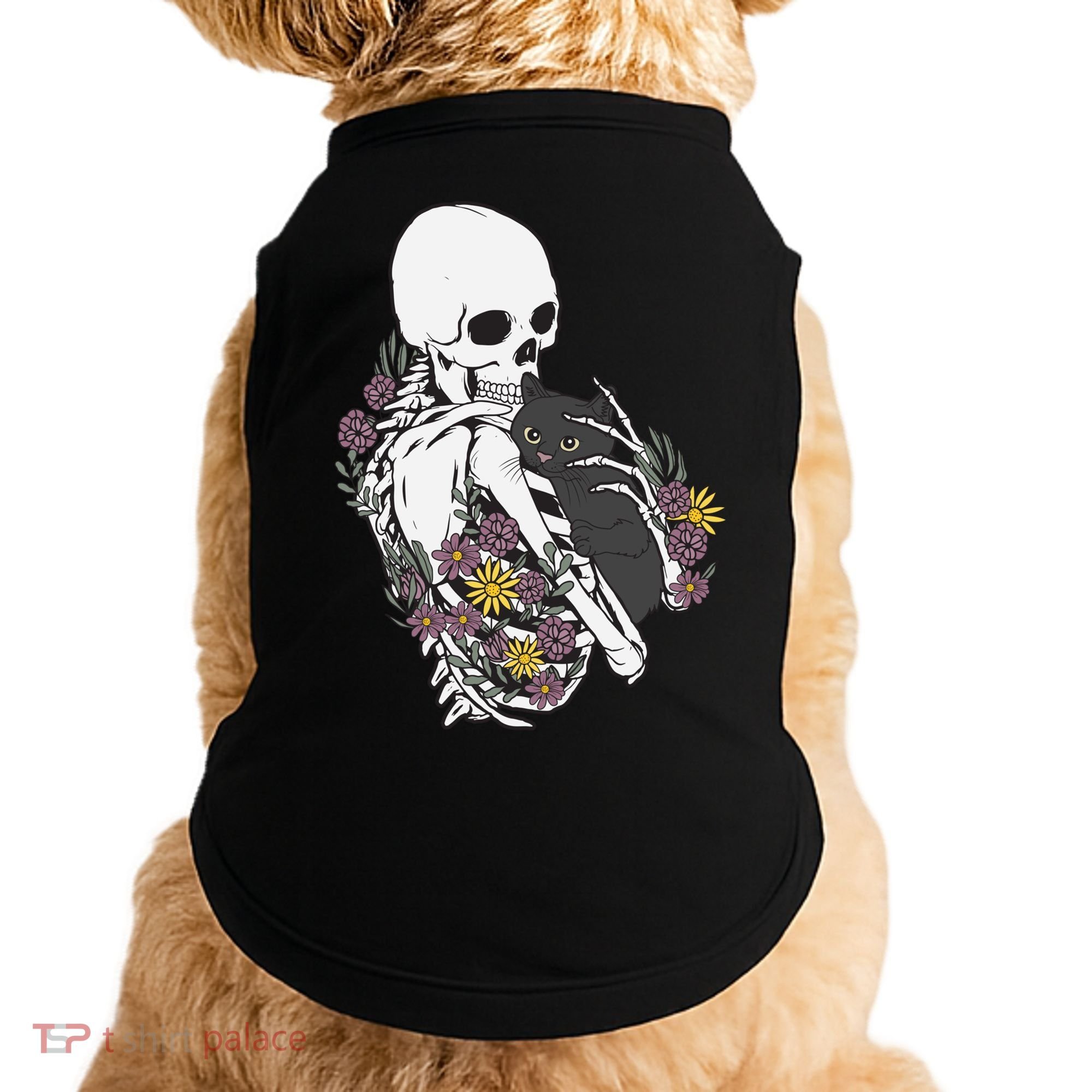 Skeleton Hugging Cat Flowers Skeleton Black Cat Funny Gift Doggie Tank