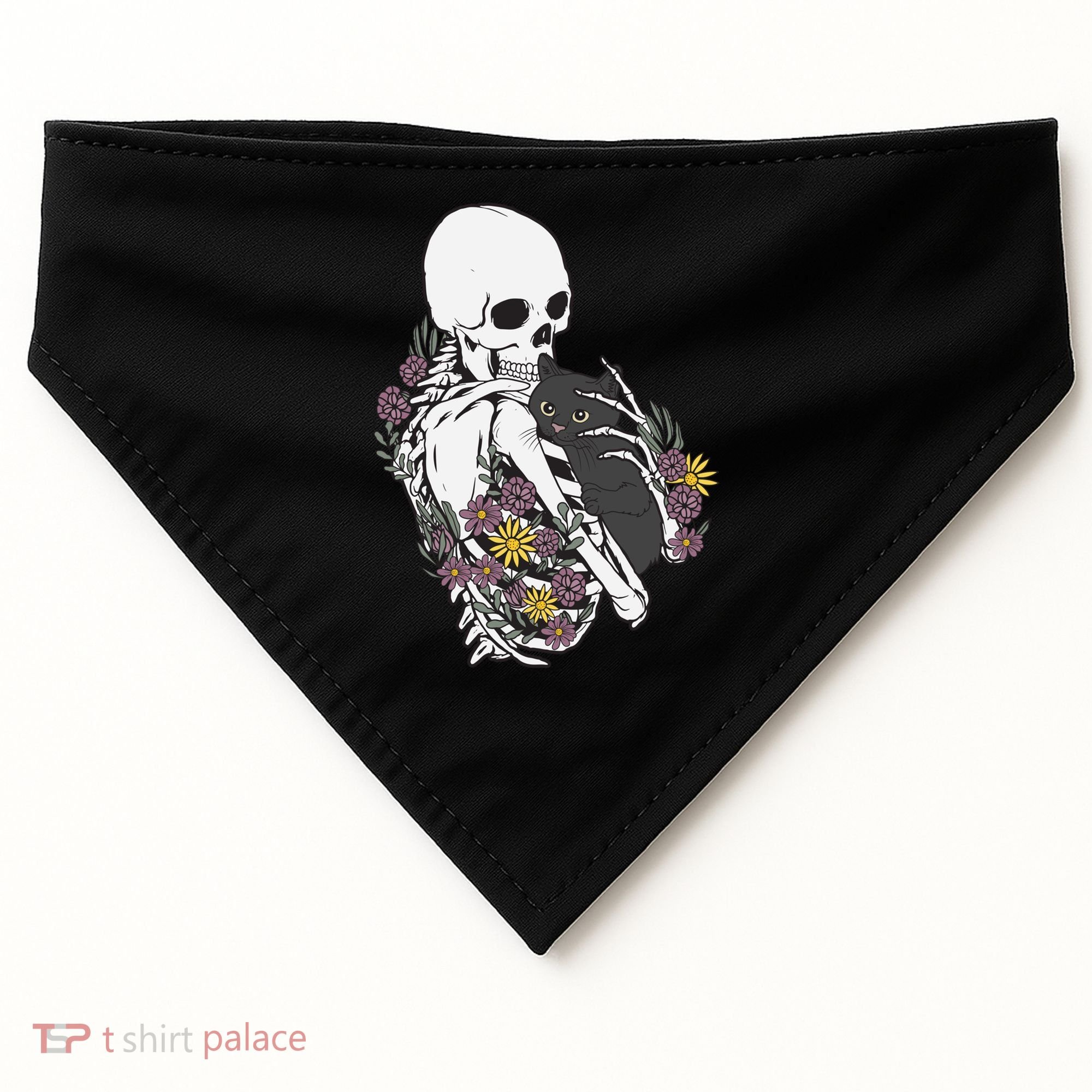 Skeleton Hugging Cat Flowers Skeleton Black Cat Funny Gift USA-Made Doggie Bandana