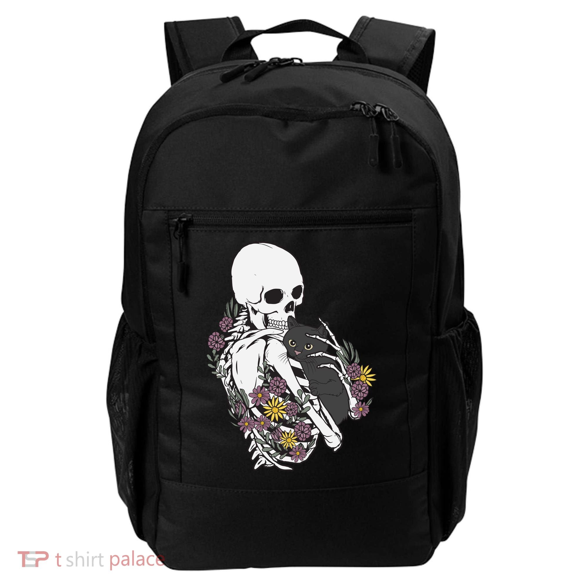 Skeleton Hugging Cat Flowers Skeleton Black Cat Funny Gift Backpack