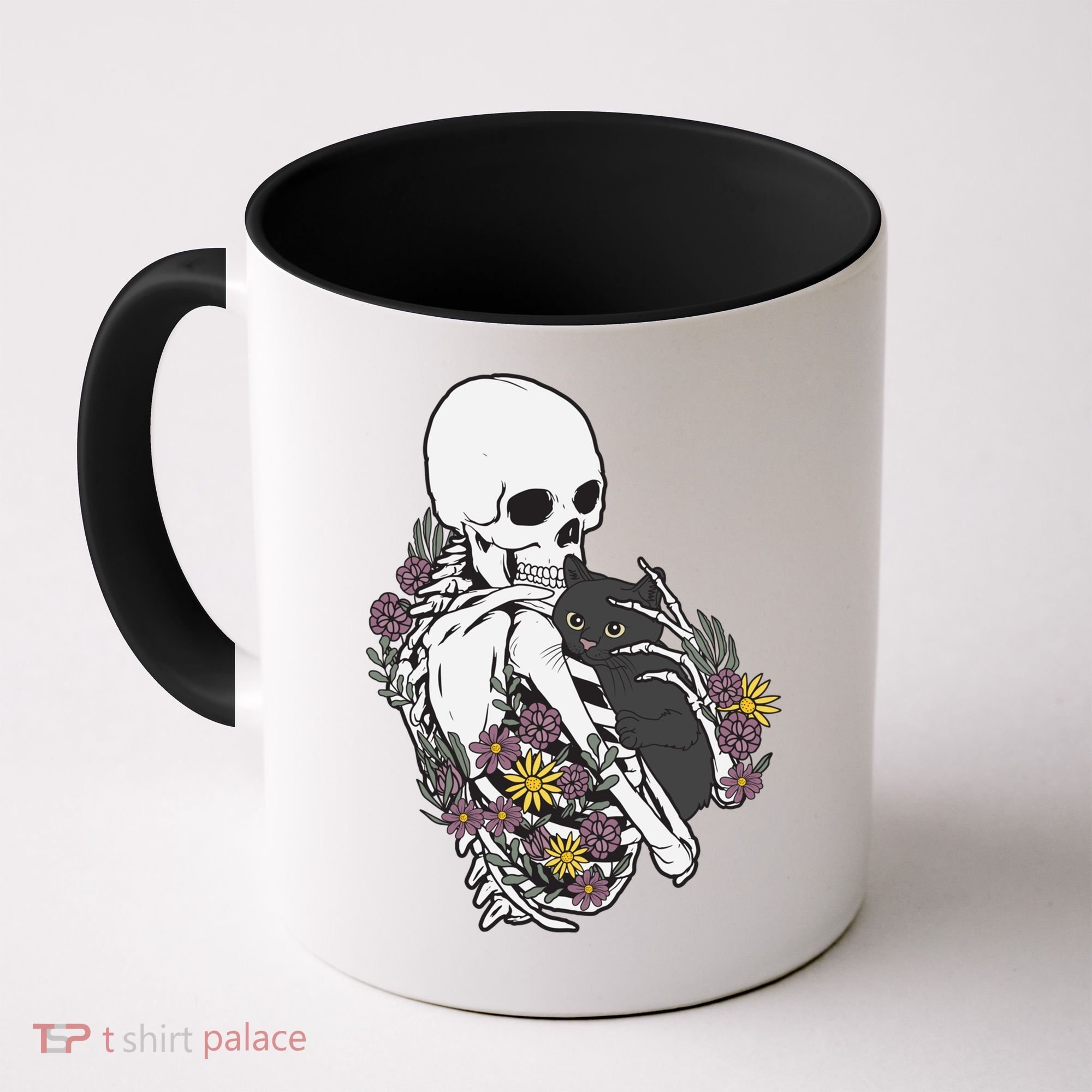 Skeleton Hugging Cat Flowers Skeleton Black Cat Funny Gift Coffee Mug