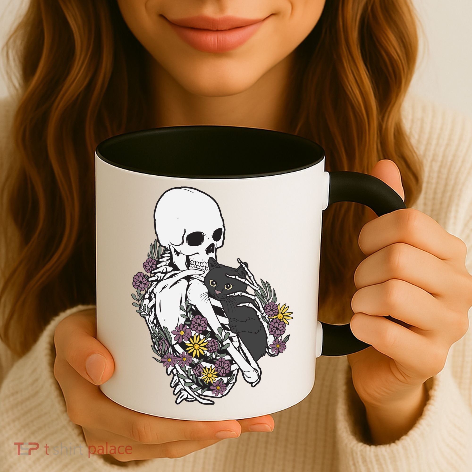Skeleton Hugging Cat Flowers Skeleton Black Cat Funny Gift Coffee Mug