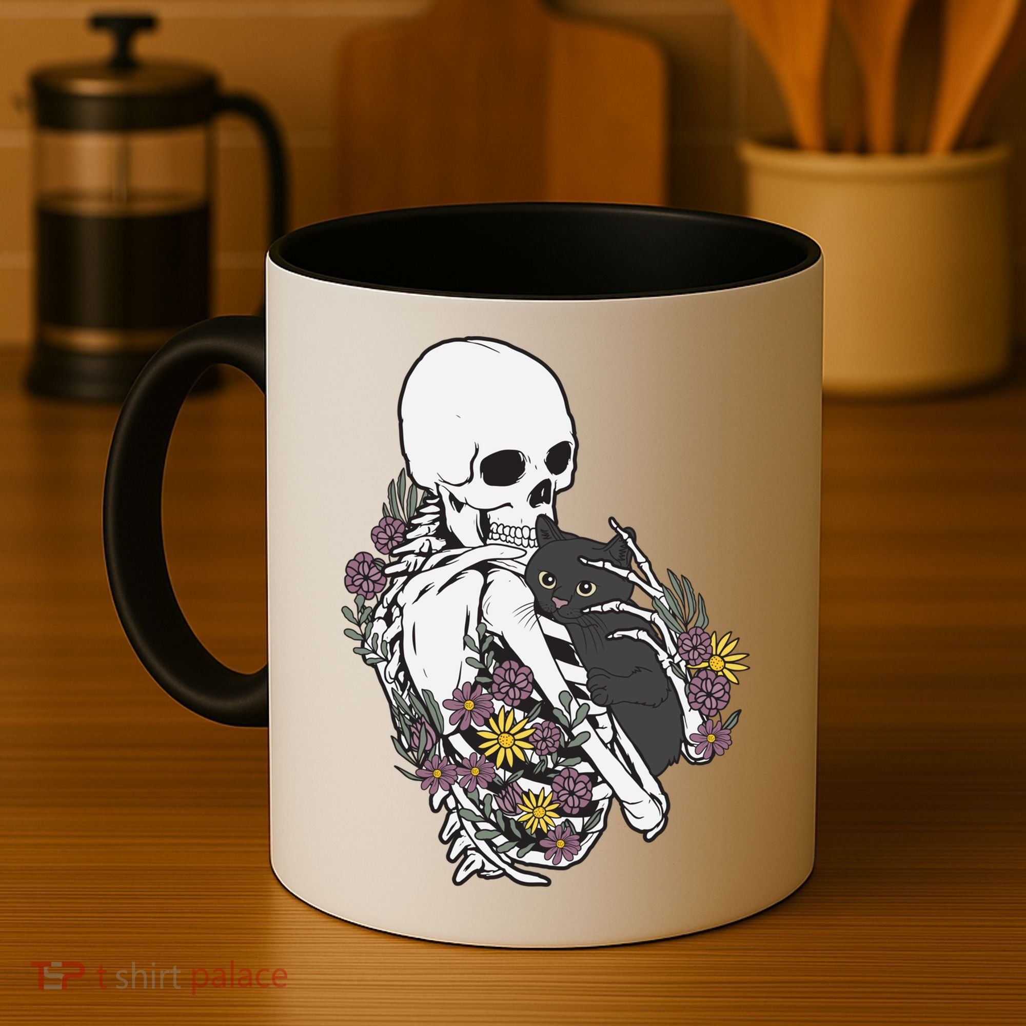 Skeleton Hugging Cat Flowers Skeleton Black Cat Funny Gift Coffee Mug