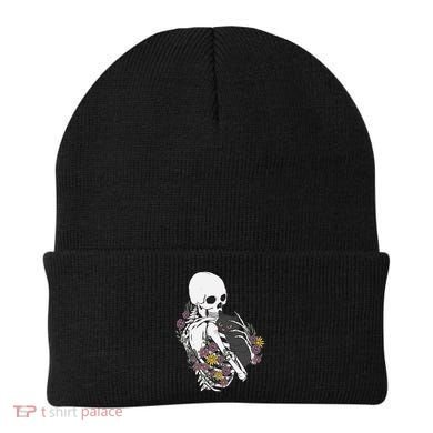 Skeleton Hugging Cat Flowers Skeleton Black Cat Funny Gift Beanie