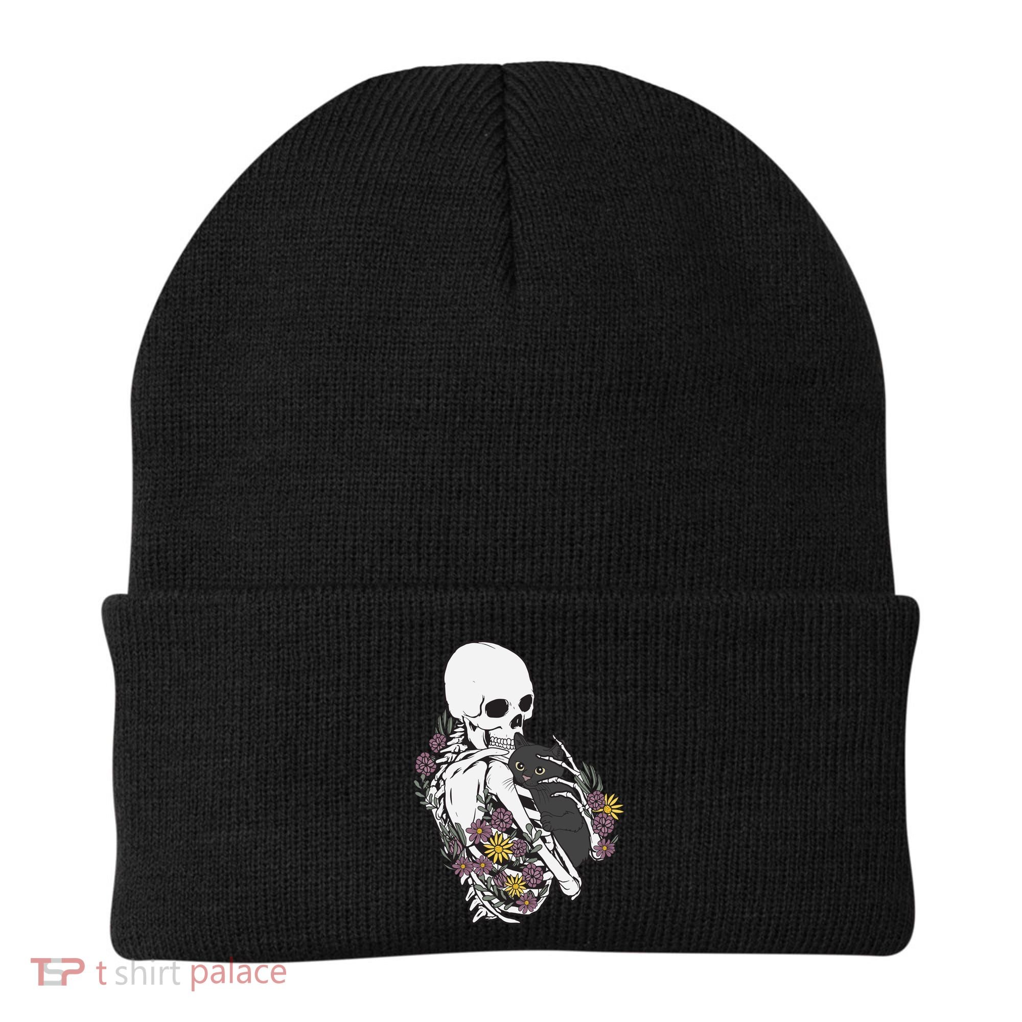 Skeleton Hugging Cat Flowers Skeleton Black Cat Funny Gift Beanie