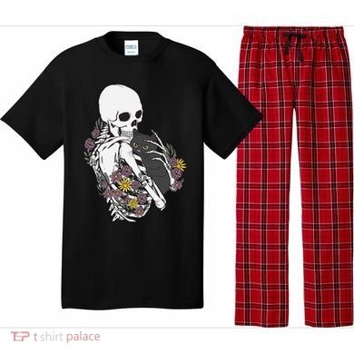Skeleton Hugging Cat Flowers Skeleton Black Cat Funny Gift Pajama Set