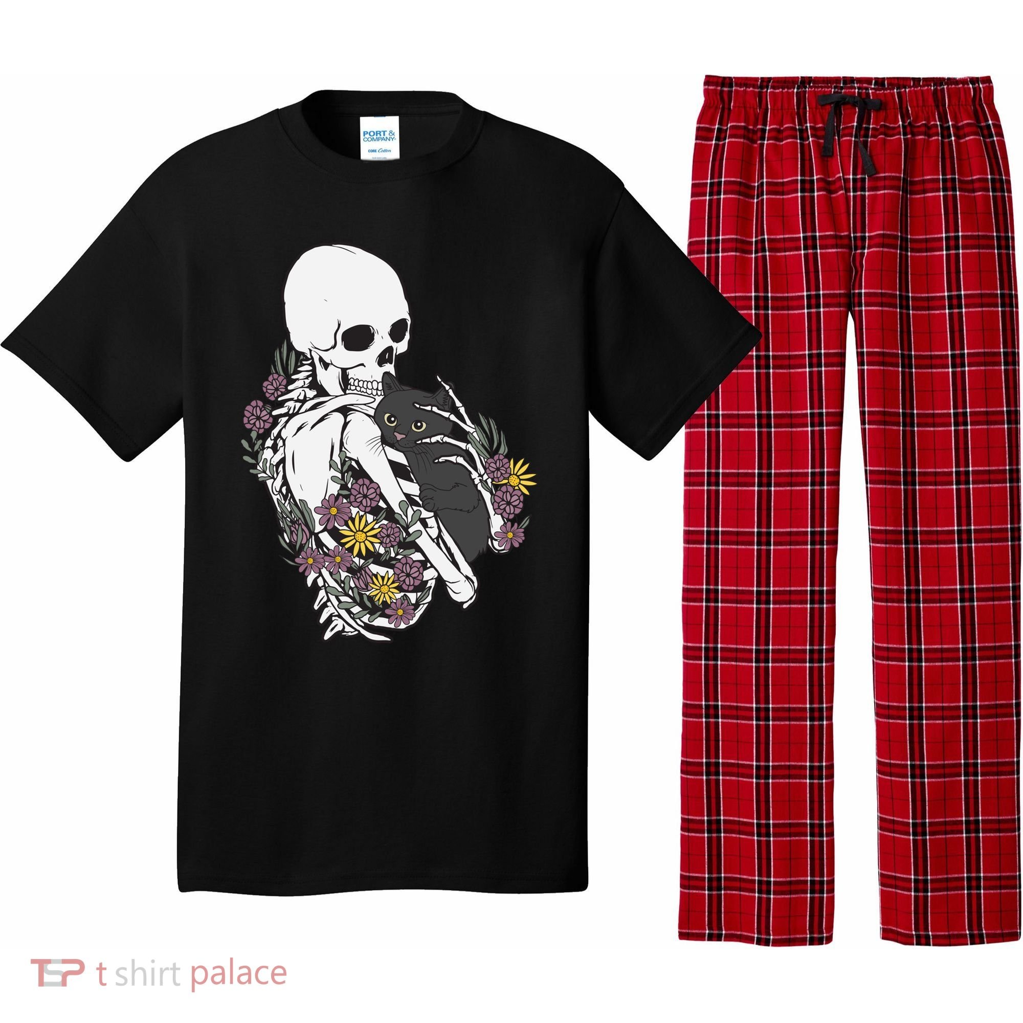 Skeleton Hugging Cat Flowers Skeleton Black Cat Funny Gift Pajama Set
