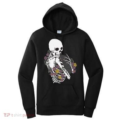 Skeleton Hugging Cat Flowers Skeleton Black Cat Funny Gift Women's Hoodie