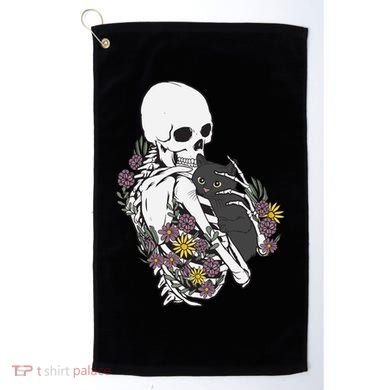 Skeleton Hugging Cat Flowers Skeleton Black Cat Funny Gift Golf Towel